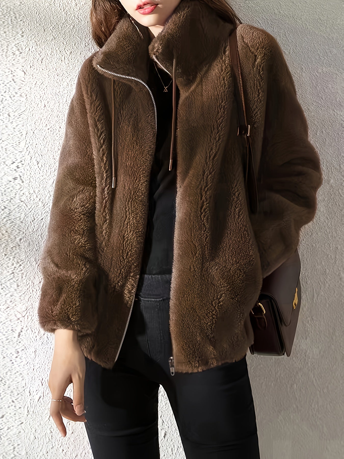 Solid Color Plush Zip-Up Knit Warm Casual Coat