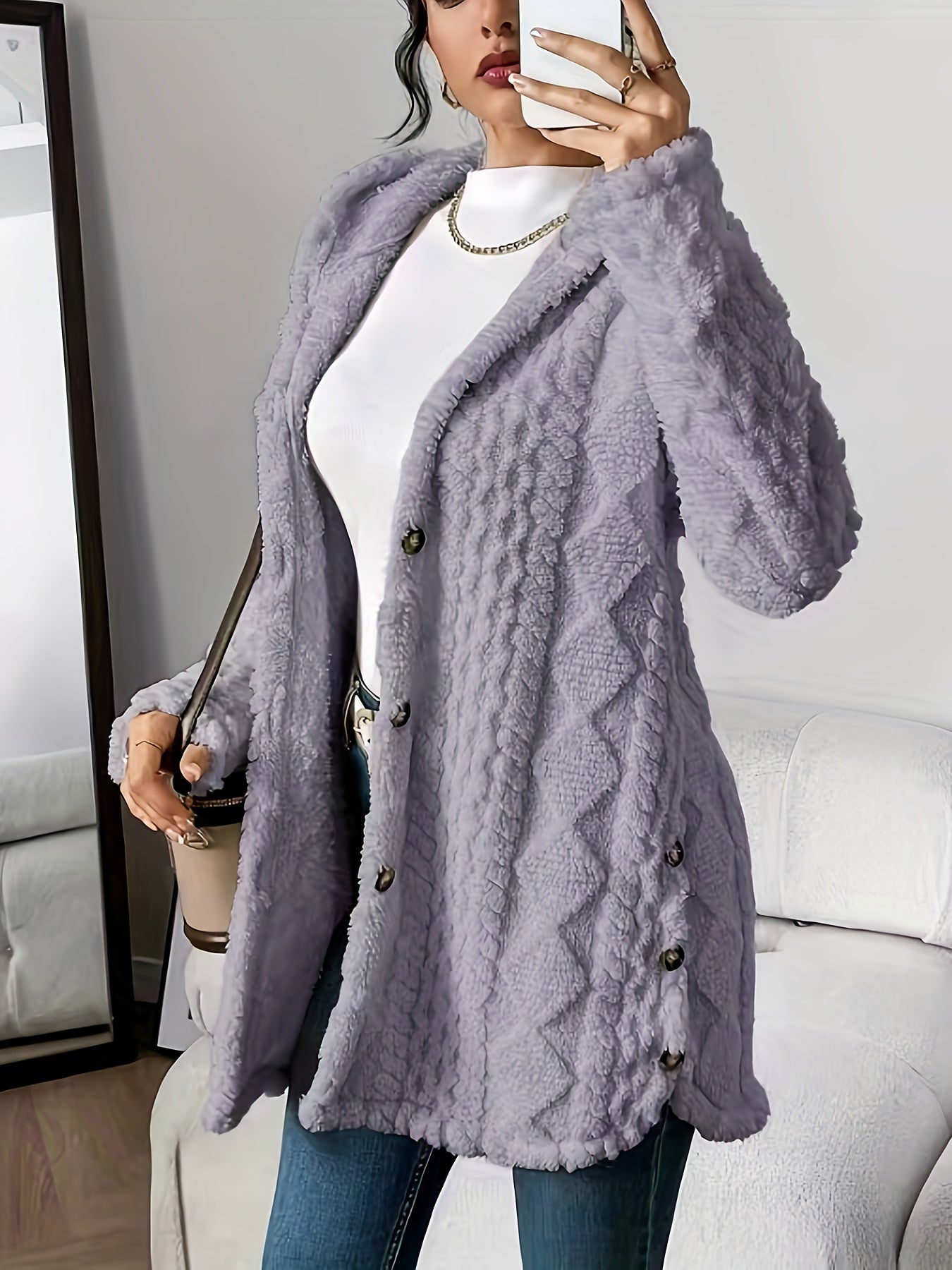 Warm Argyle Jacquard Plush Hooded Cardigan Coat