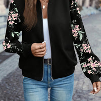 Elegant Floral Print Zip-Up Jacket | Baseball Collar