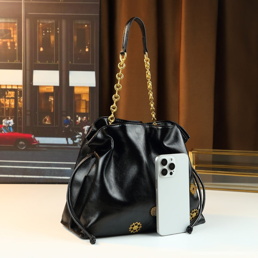 Black Drawstring Bucket Bag | Gold Hardware