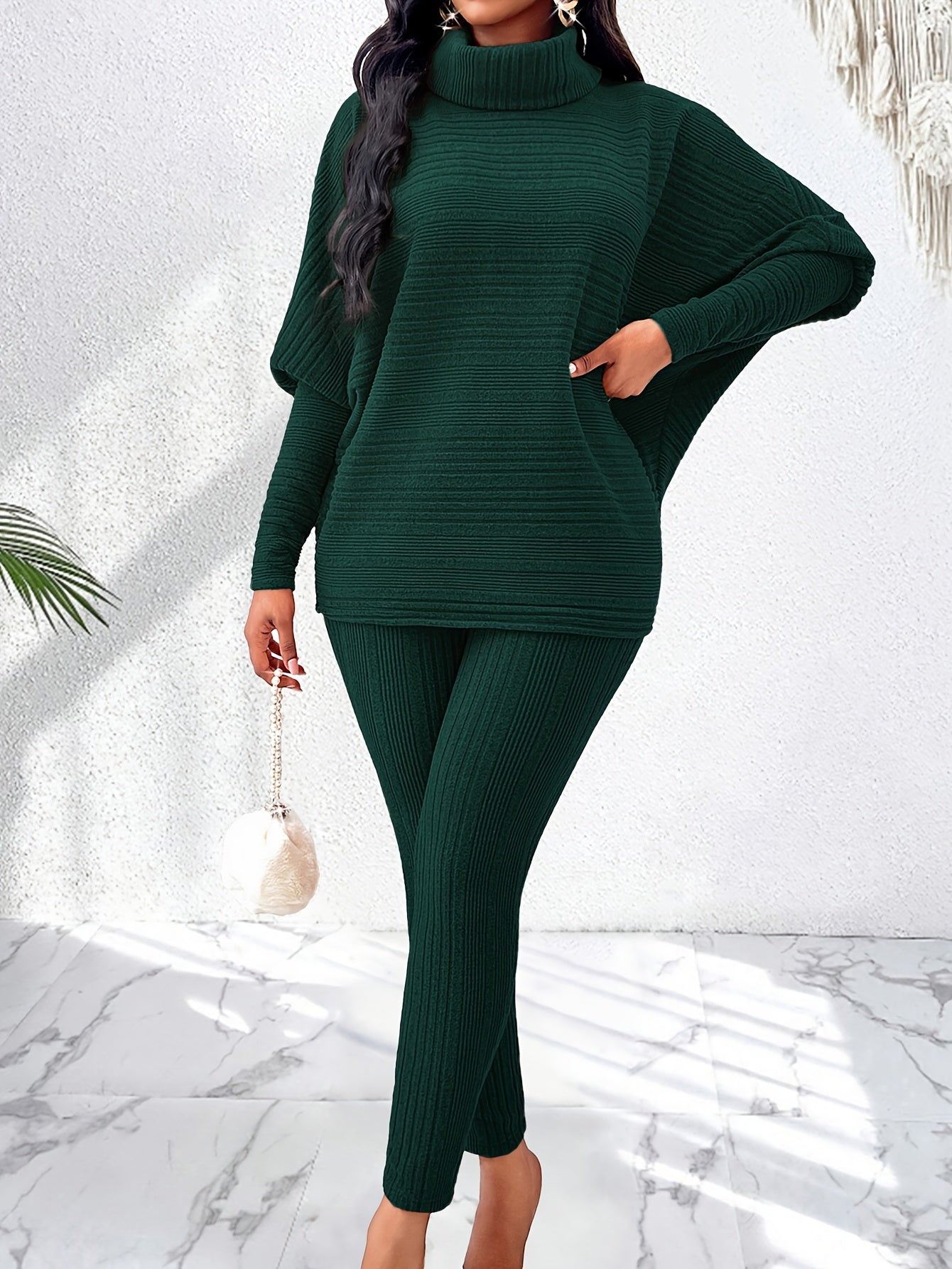 Elegant Solid Stand Collar Long Sleeve Knit Pants Set - Fall/Winter