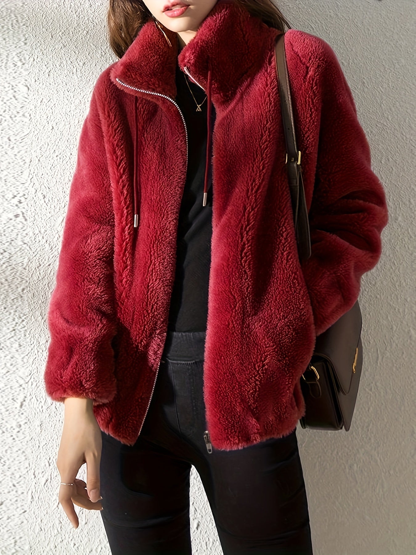 Solid Color Plush Zip-Up Knit Warm Casual Coat