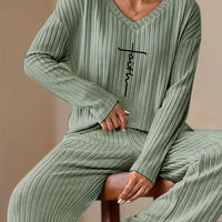 Letter Print Ribbed V-Neck Set