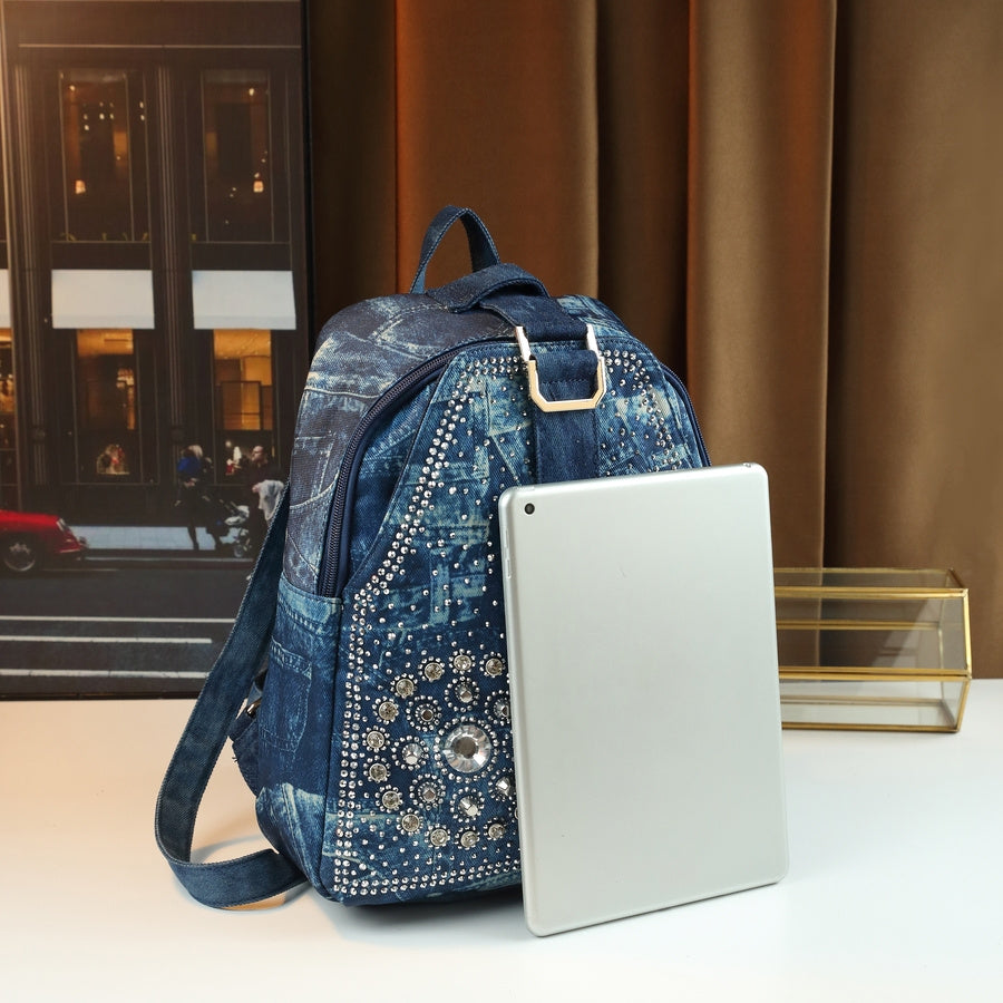 Mini Denim Backpack | Rhinestone Sunflower Embellished