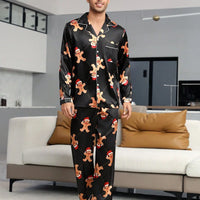 Couple Matching Black Satin Gingerbread Print Pajama Set