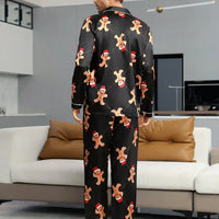 Couple Matching Black Satin Gingerbread Print Pajama Set