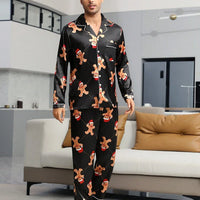 Couple Matching Black Satin Gingerbread Print Pajama Set