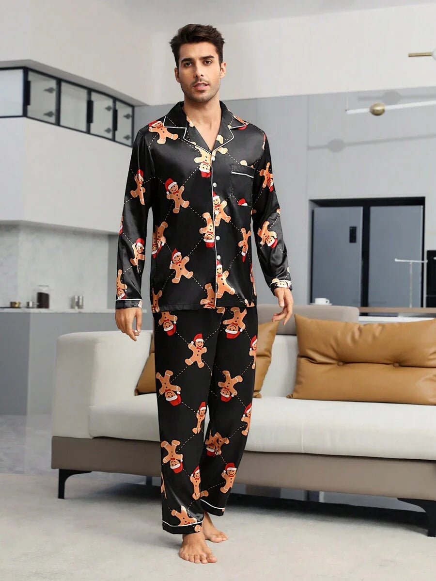 Couple Matching Black Satin Gingerbread Print Pajama Set
