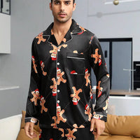 Couple Matching Black Satin Gingerbread Print Pajama Set