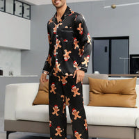 Couple Matching Black Satin Gingerbread Print Pajama Set