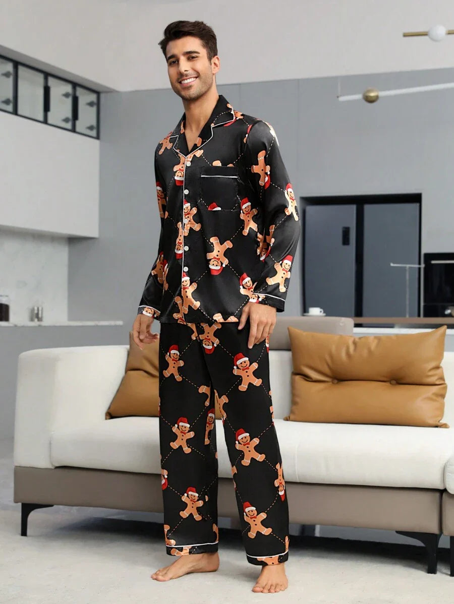 Couple Matching Black Satin Gingerbread Print Pajama Set
