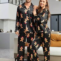Couple Matching Black Satin Gingerbread Print Pajama Set