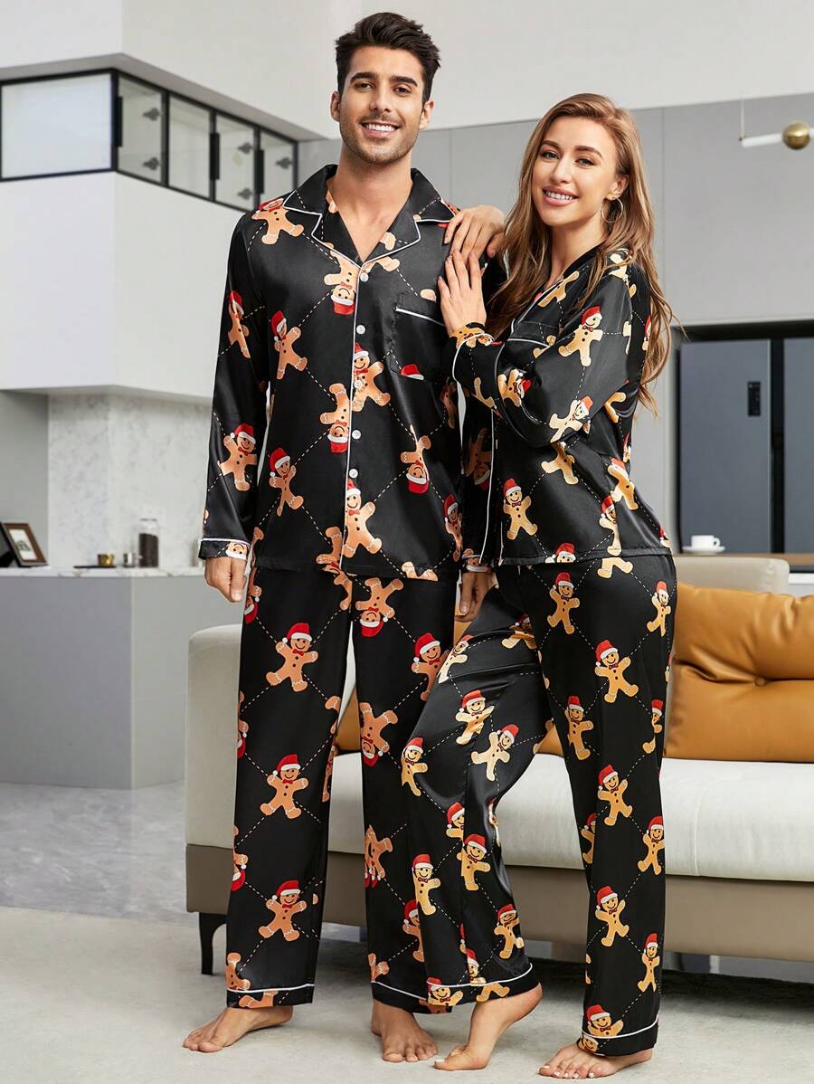 Couple Matching Black Satin Gingerbread Print Pajama Set