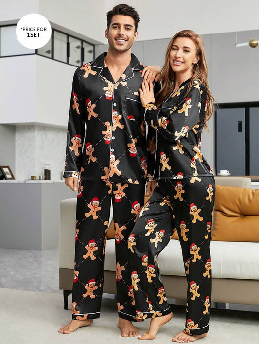 Couple Matching Black Satin Gingerbread Print Pajama Set