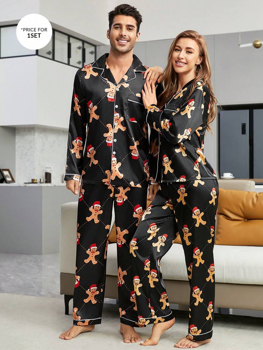 Couple Matching Black Satin Gingerbread Print Pajama Set