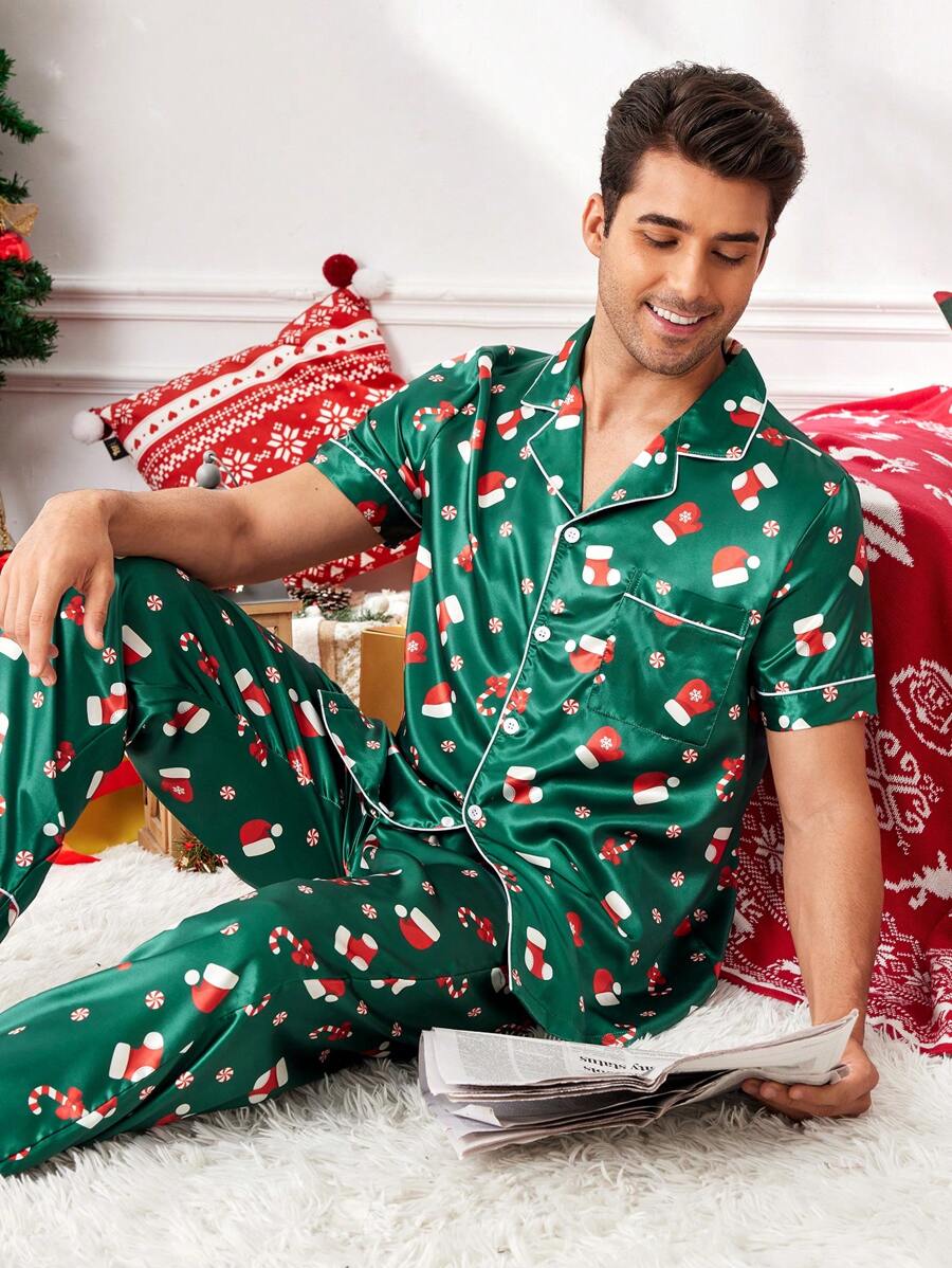 Couple Matching Green Christmas Tree Faux Silk Short Sleeve Pajama Set