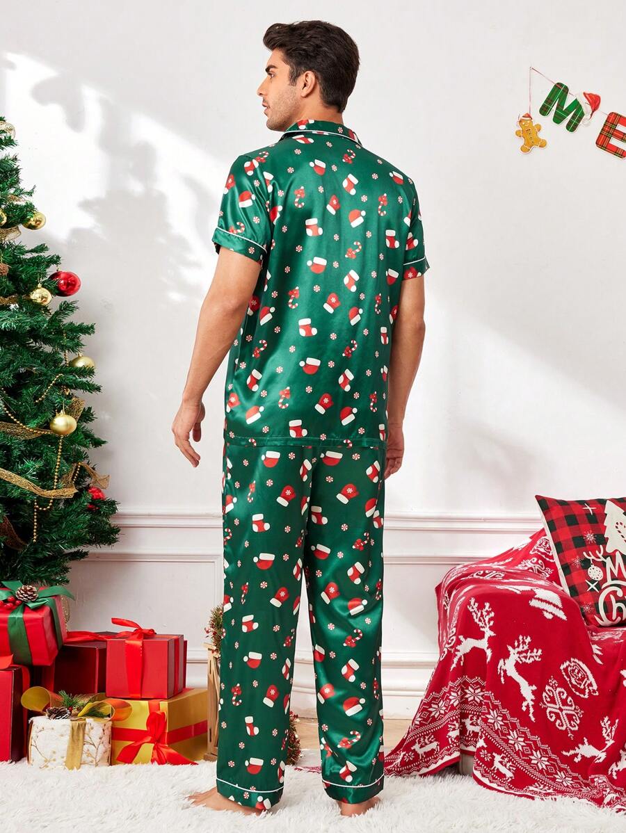 Couple Matching Green Christmas Tree Faux Silk Short Sleeve Pajama Set