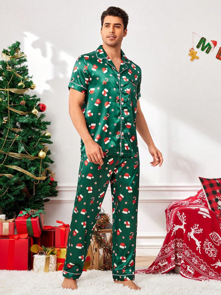 Couple Matching Green Christmas Tree Faux Silk Short Sleeve Pajama Set