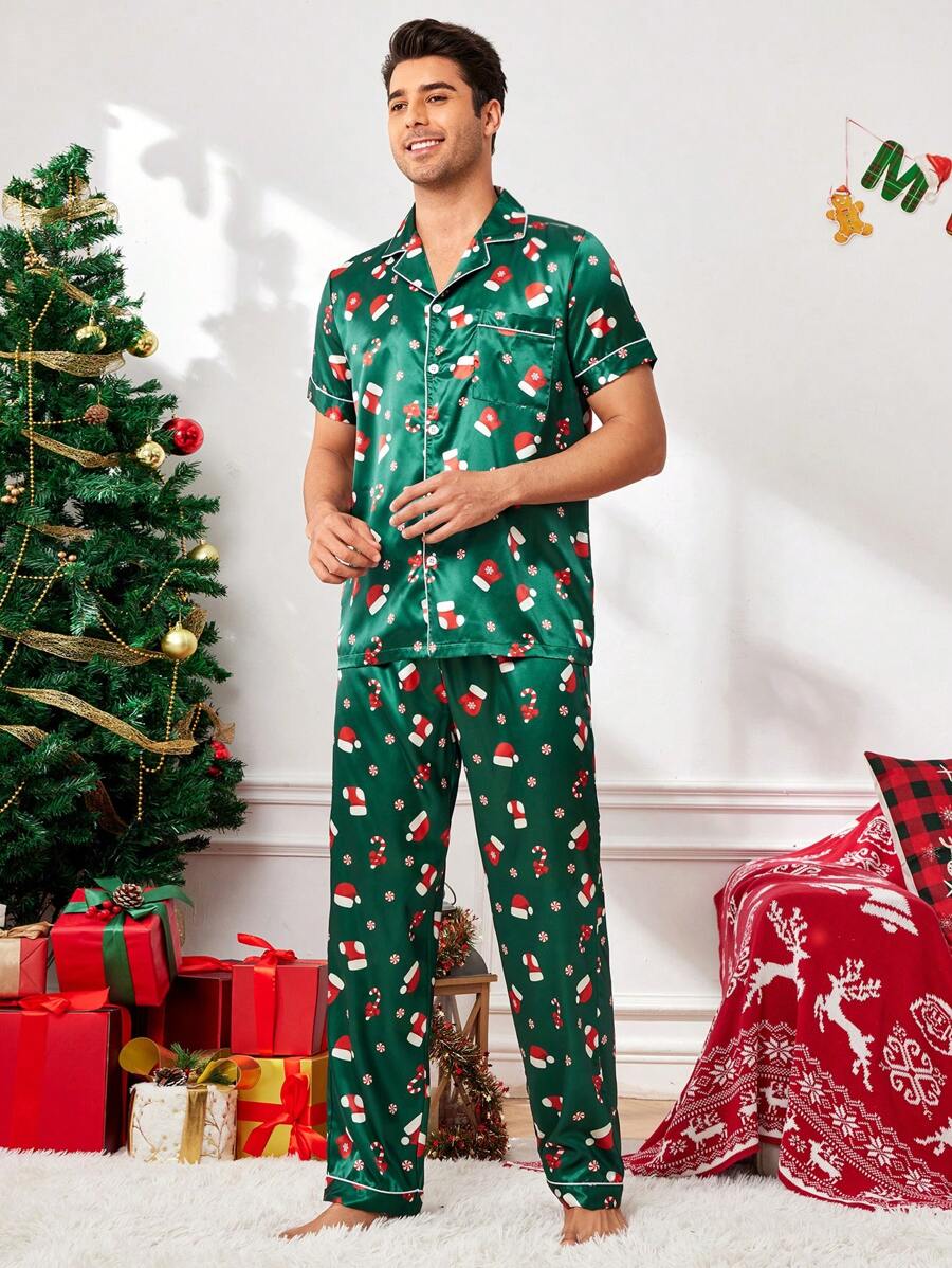 Couple Matching Green Christmas Tree Faux Silk Short Sleeve Pajama Set