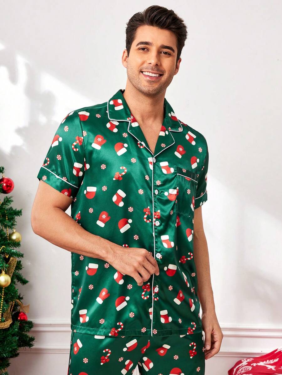 Couple Matching Green Christmas Tree Faux Silk Short Sleeve Pajama Set