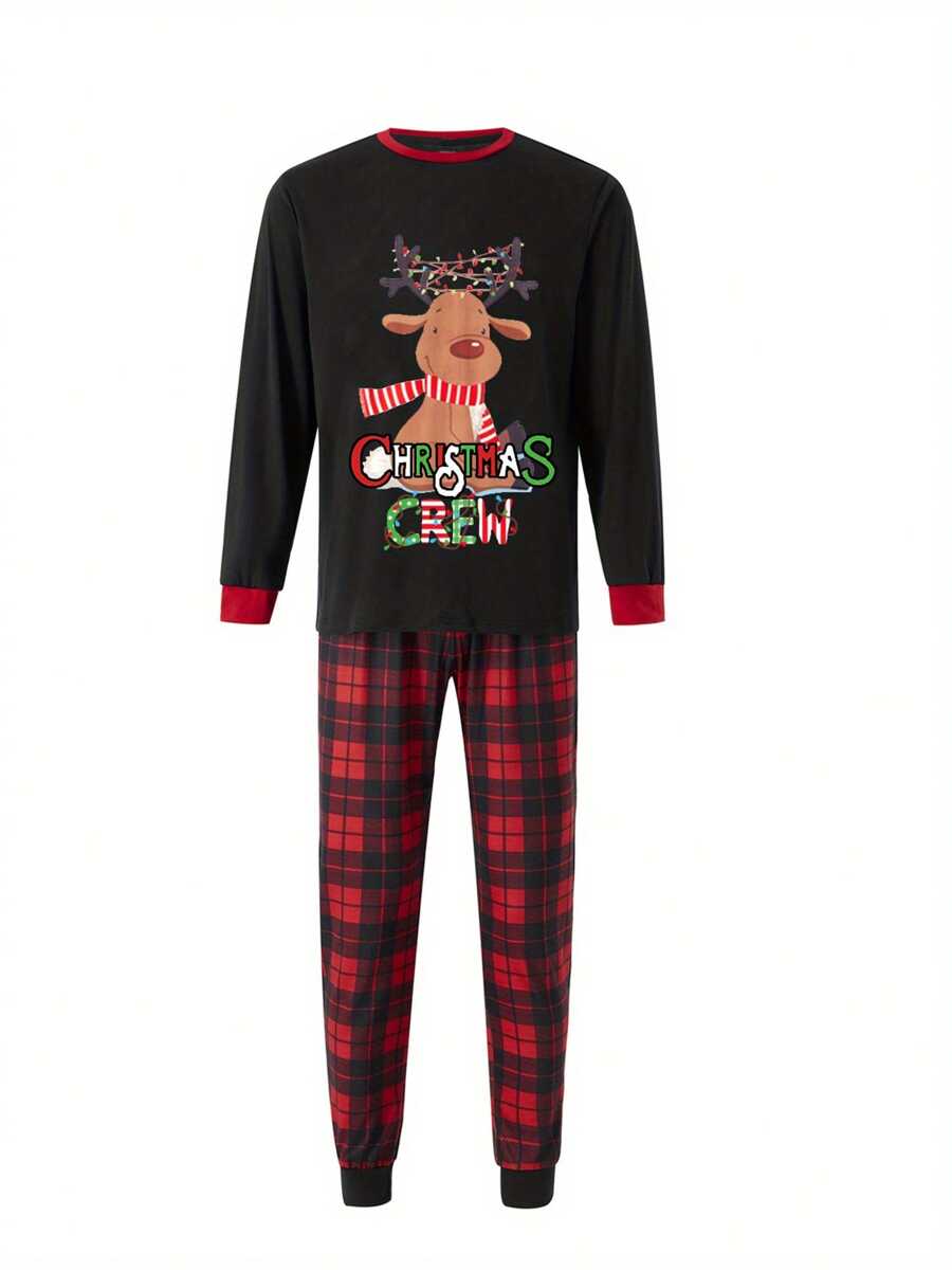 Elk Print & Red Plaid Family Matching Long Sleeve Pajama Set