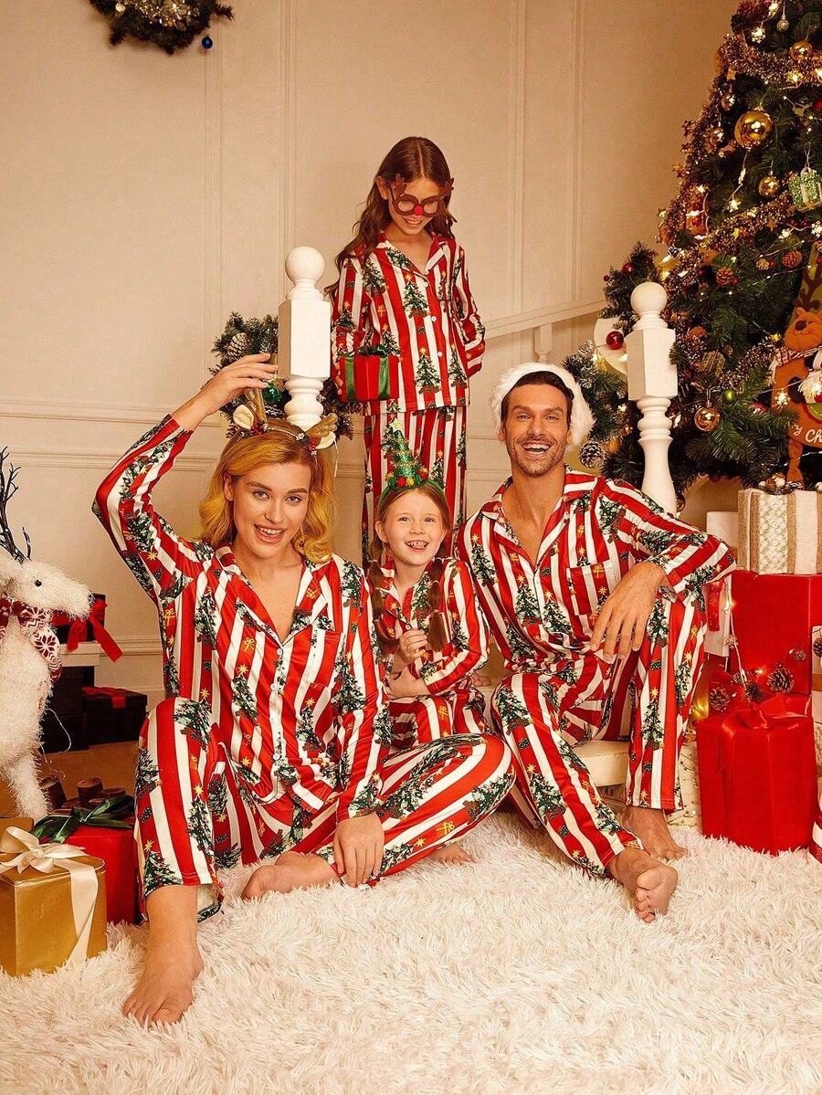 Family Matching Red Stripe Christmas Tree Pajama Set