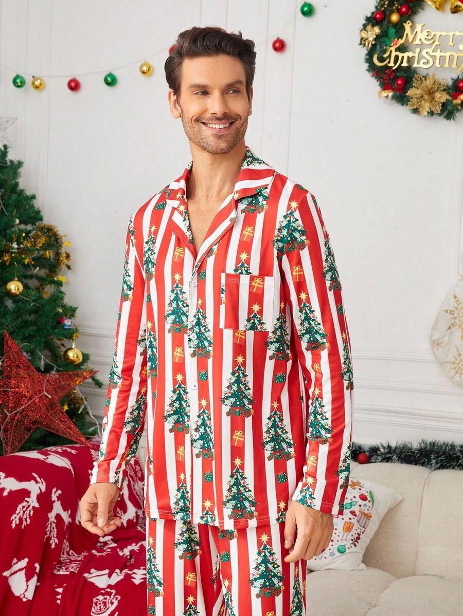 Family Matching Red Stripe Christmas Tree Pajama Set