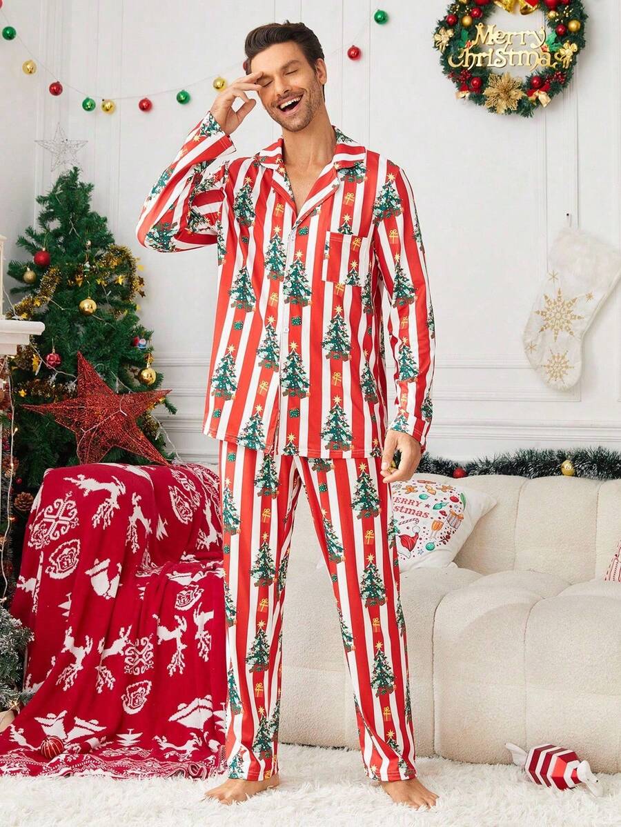 Family Matching Red Stripe Christmas Tree Pajama Set