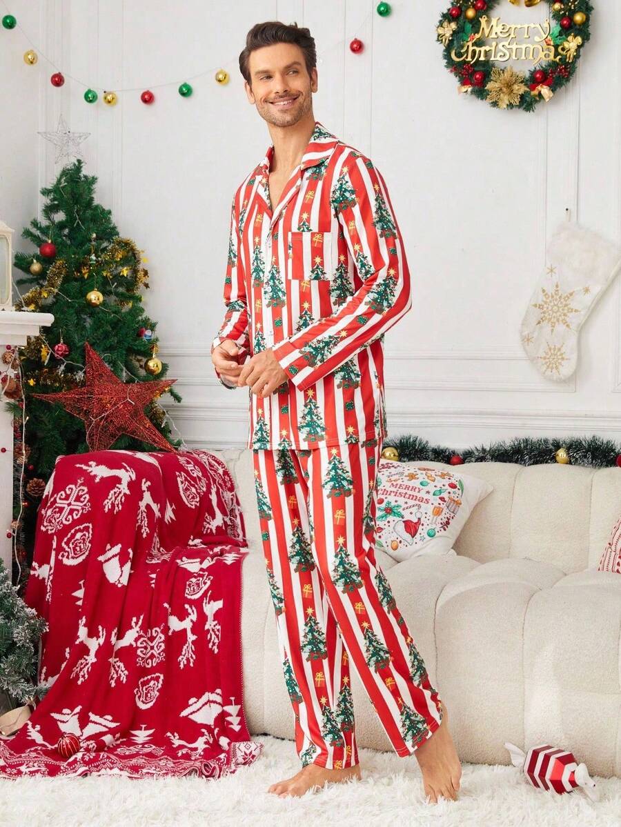 Family Matching Red Stripe Christmas Tree Pajama Set