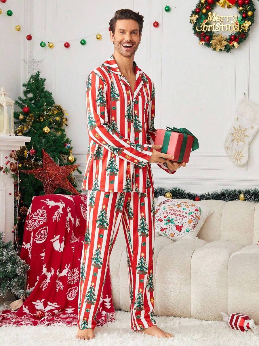 Family Matching Red Stripe Christmas Tree Pajama Set