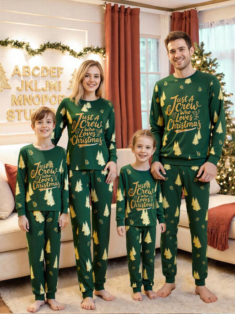 Gold Christmas Tree Print Family Pajamas (Green)