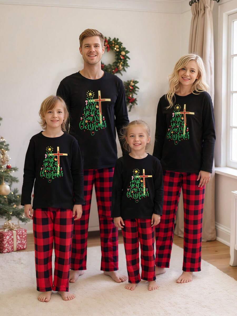 Christmas Tree Plaid Black & Red Family Matching Pajama Set