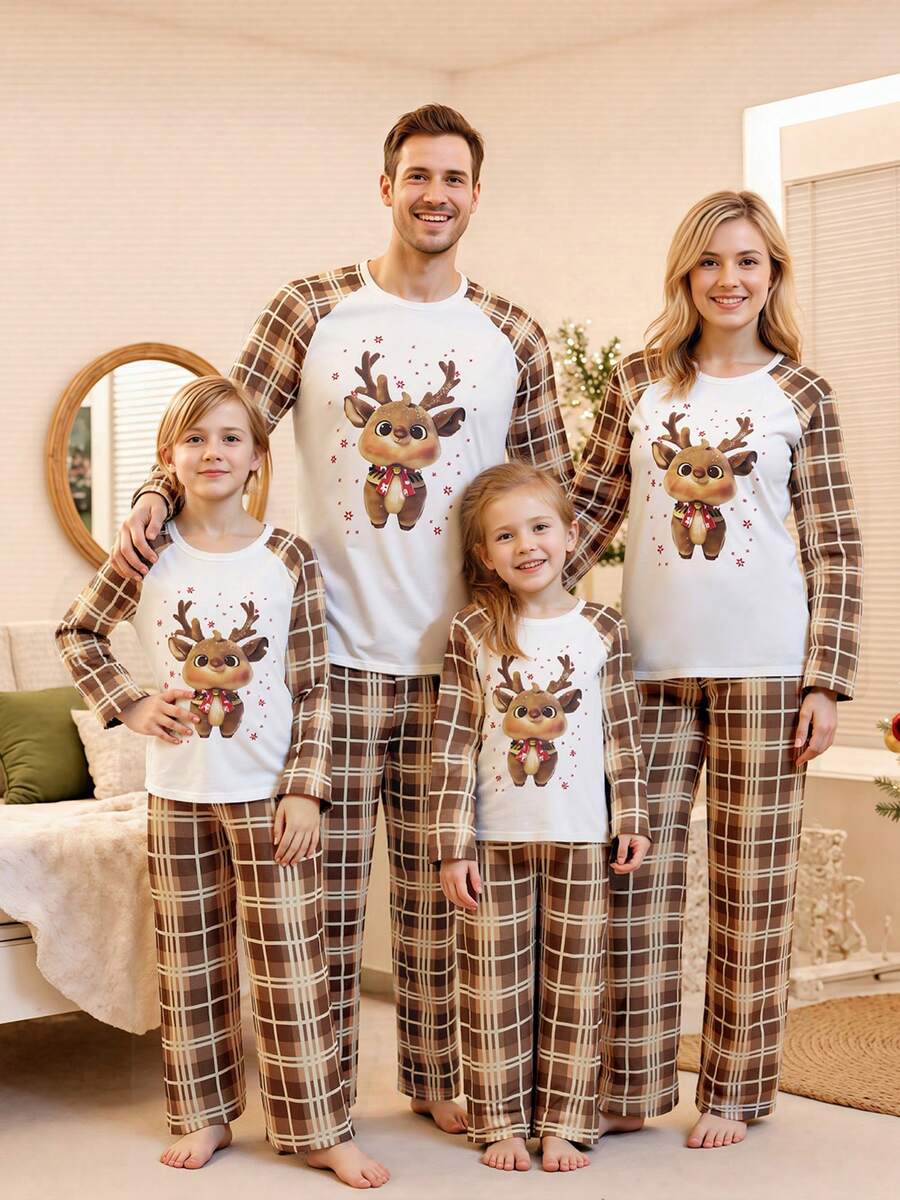 White Elk Graphic & Brown Plaid Family Matching Pajama Set
