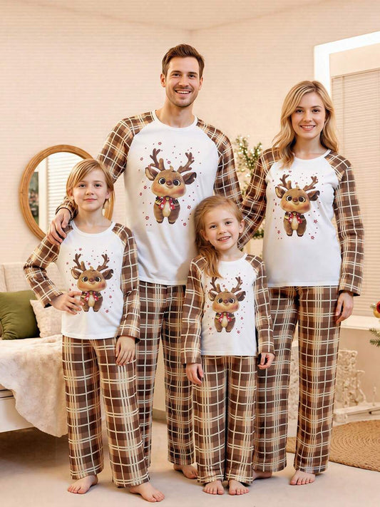 White Elk Graphic & Brown Plaid Family Matching Pajama Set