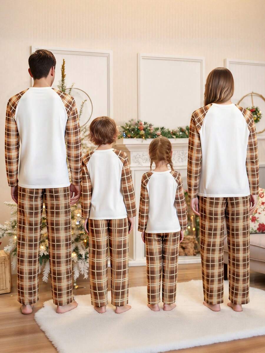 White Elk Graphic & Brown Plaid Family Matching Pajama Set