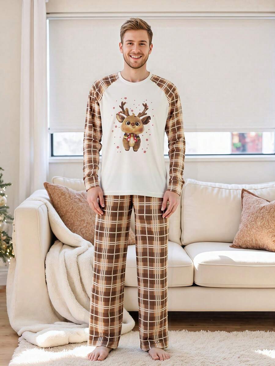 White Elk Graphic & Brown Plaid Family Matching Pajama Set