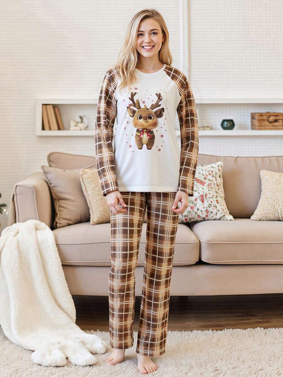 White Elk Graphic & Brown Plaid Family Matching Pajama Set