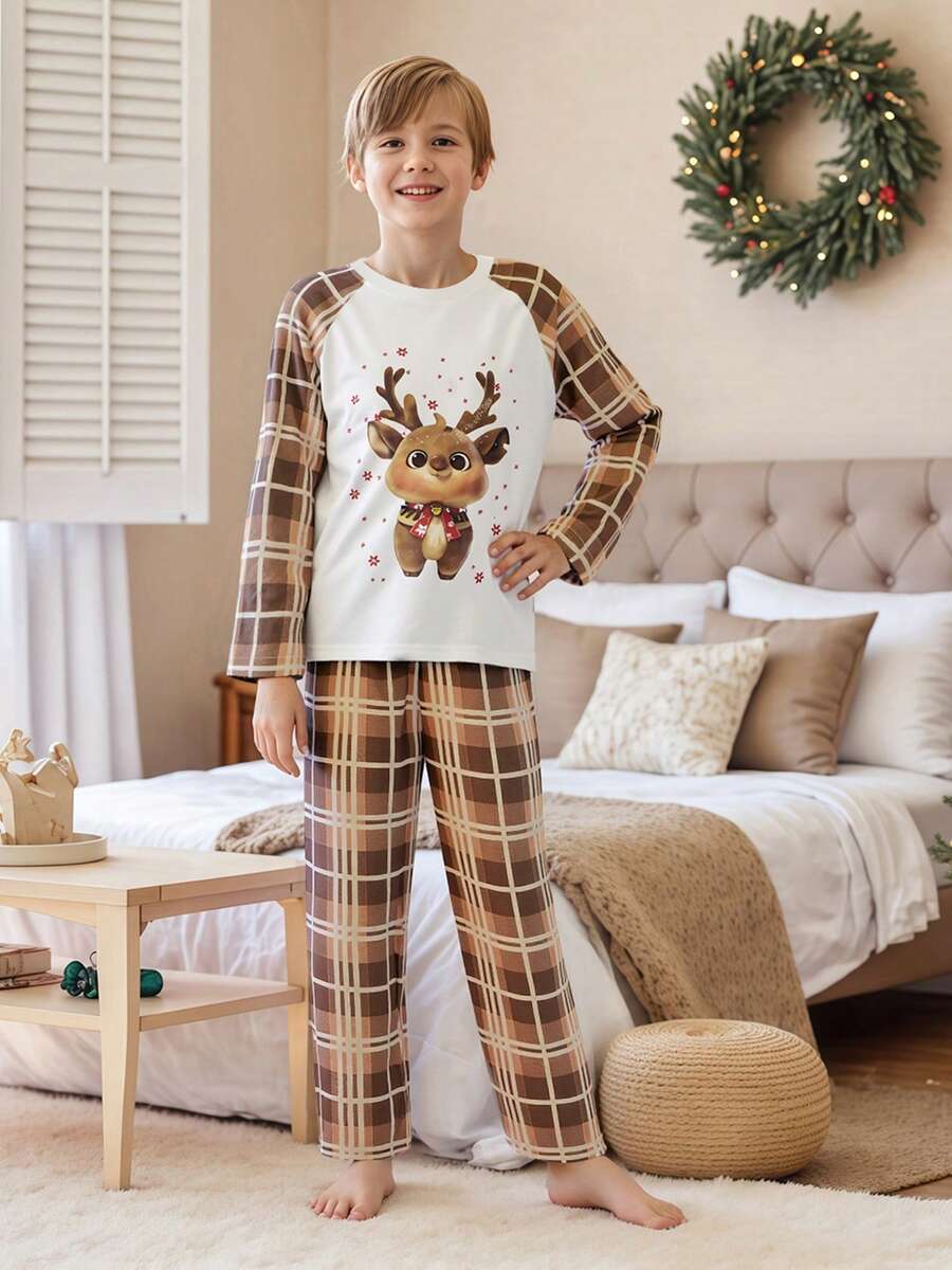 White Elk Graphic & Brown Plaid Family Matching Pajama Set