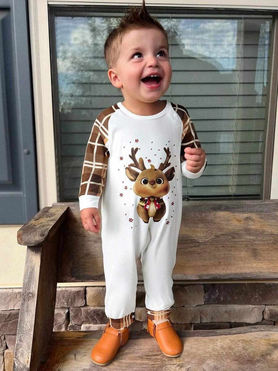 White Elk Graphic & Brown Plaid Family Matching Pajama Set