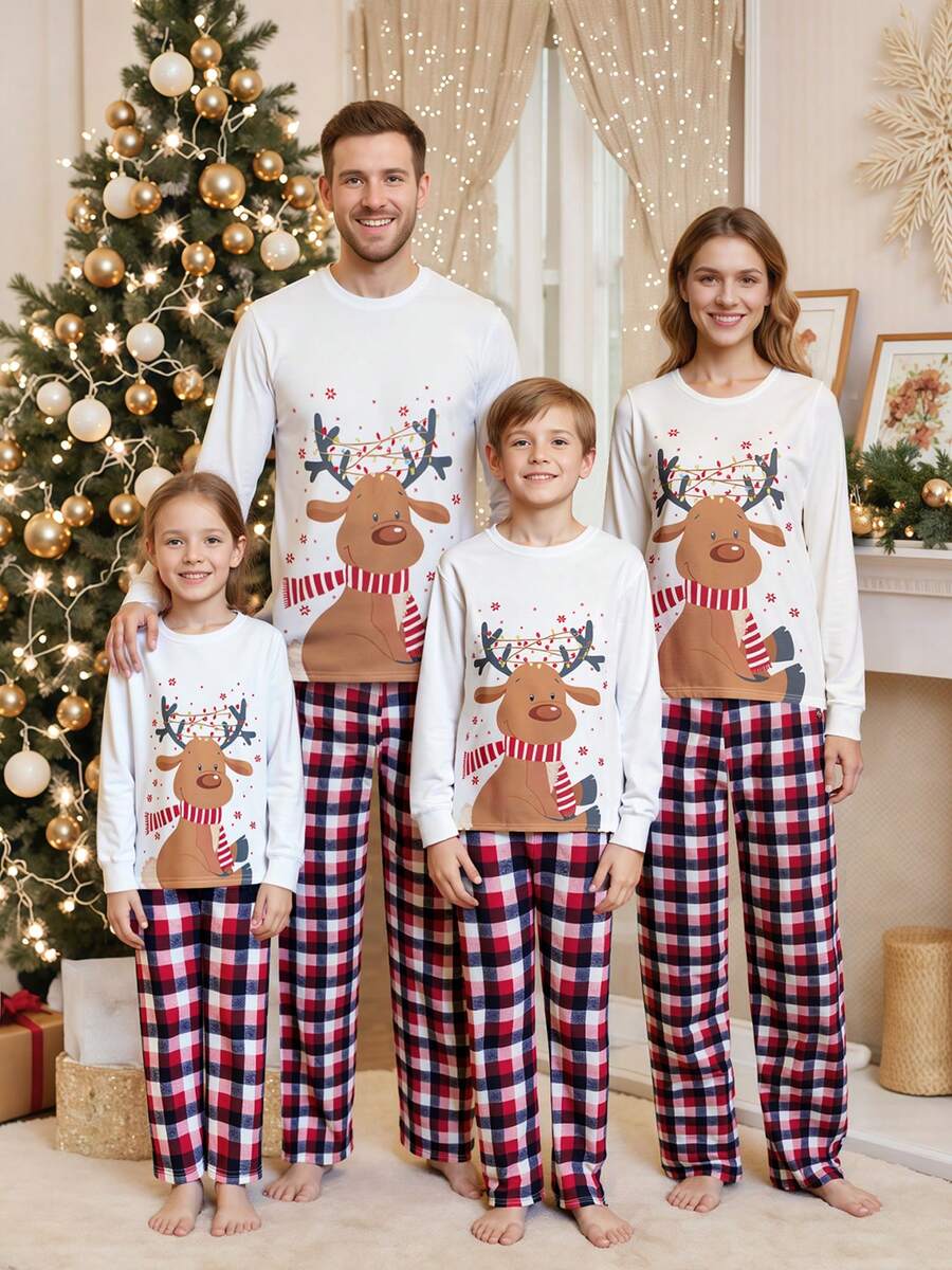 Reindeer Graphic & Red Plaid Family Matching Christmas Pajama Set