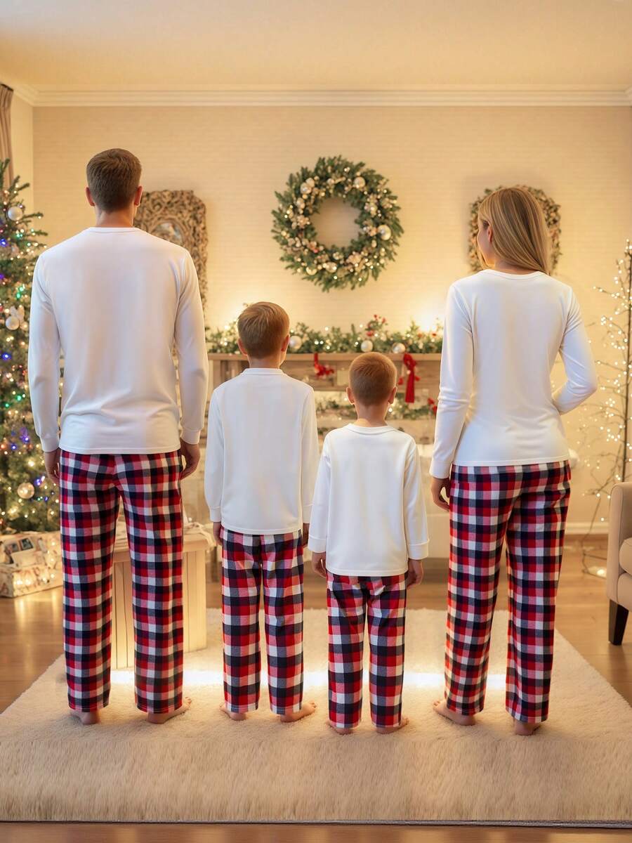 Reindeer Graphic & Red Plaid Family Matching Christmas Pajama Set