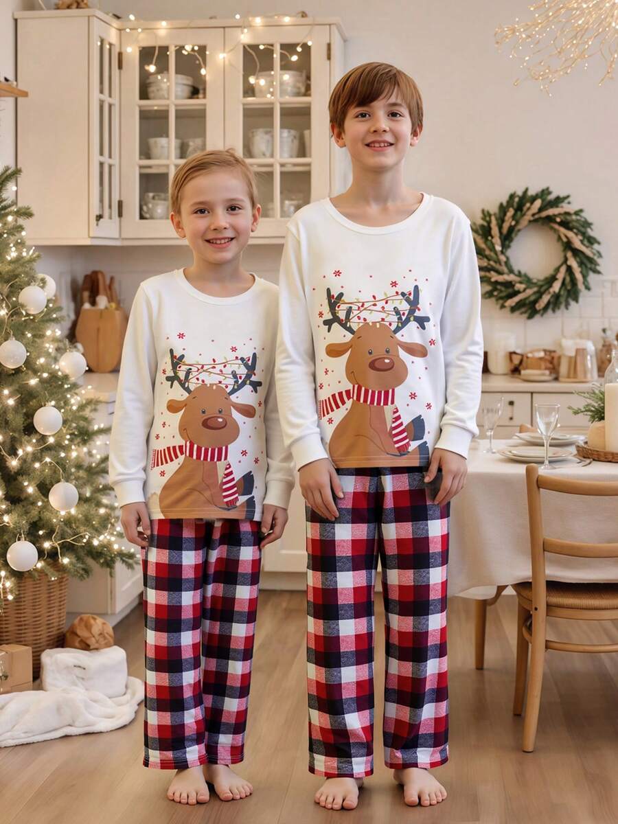 Reindeer Graphic & Red Plaid Family Matching Christmas Pajama Set