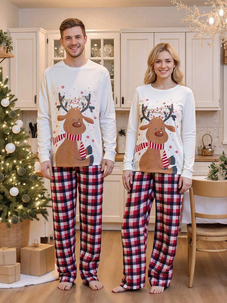 Reindeer Graphic & Red Plaid Family Matching Christmas Pajama Set