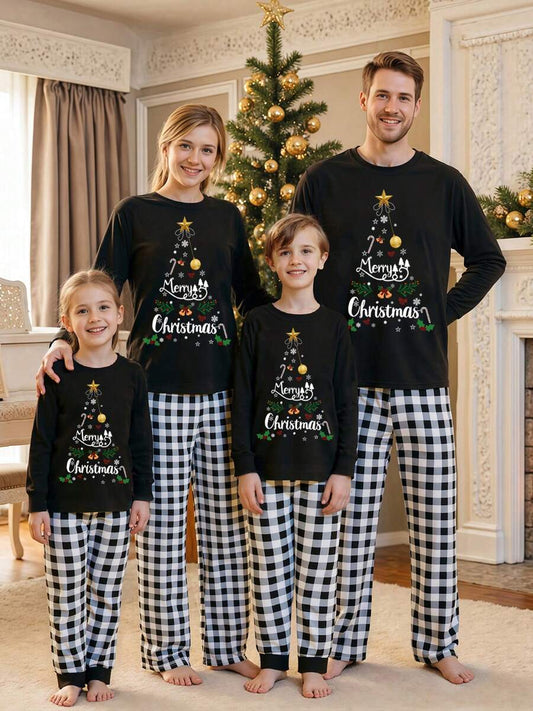 Black "Merry Christmas" Tree Graphic Family Matching Pajama Set