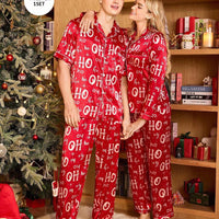 Couple Matching Red Satin "Ho Ho Ho" Christmas Pajama Set