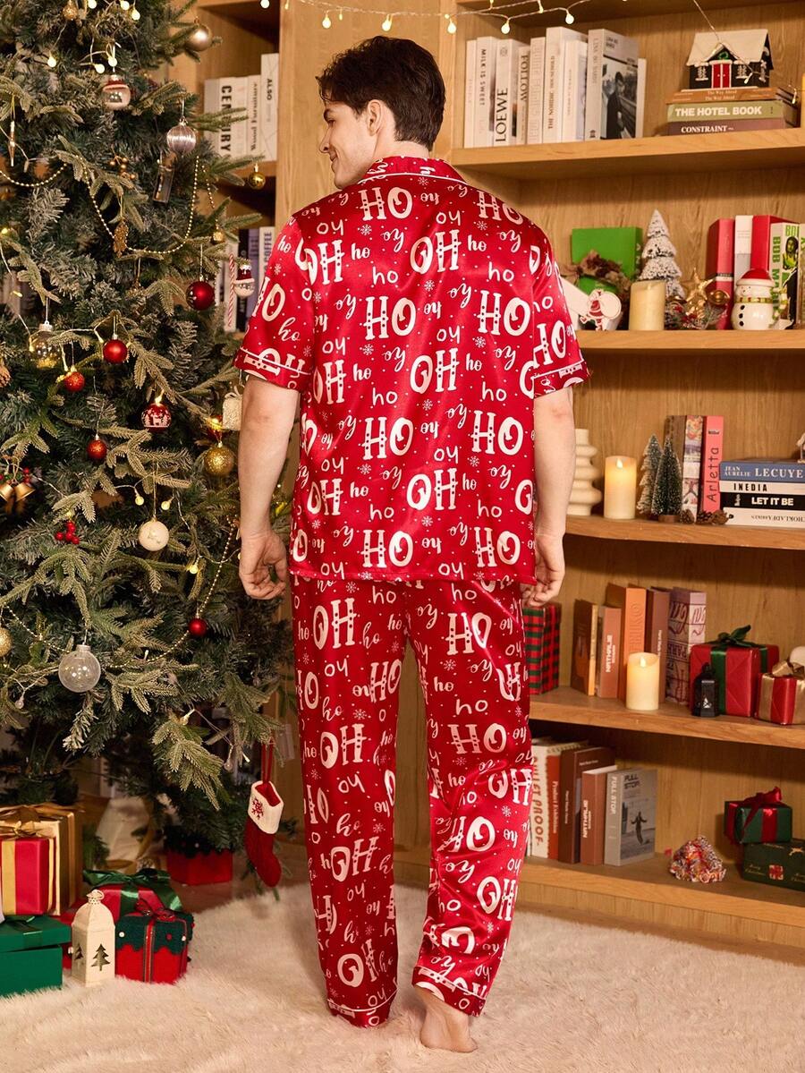 Couple Matching Red Satin "Ho Ho Ho" Christmas Pajama Set