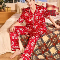 Couple Matching Red Satin "Ho Ho Ho" Christmas Pajama Set