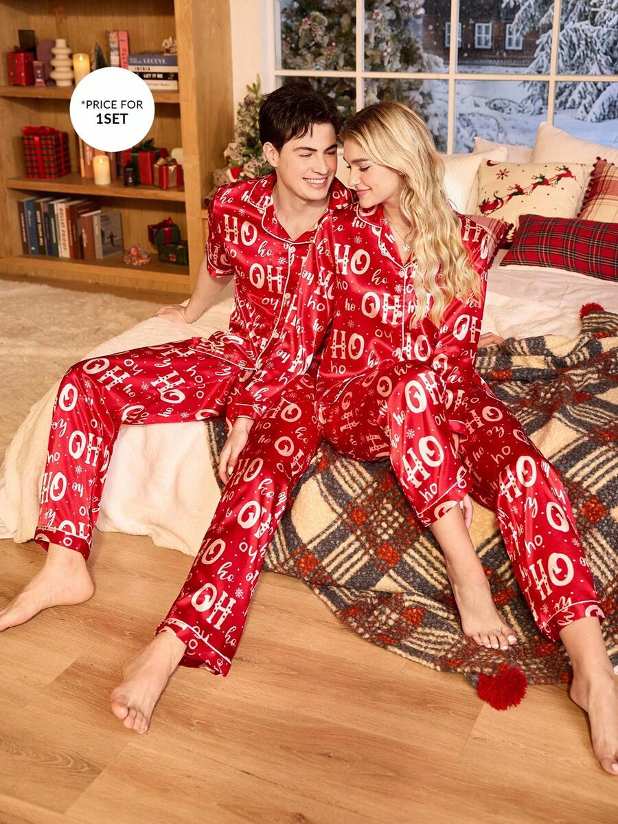 Couple Matching Red Satin "Ho Ho Ho" Christmas Pajama Set