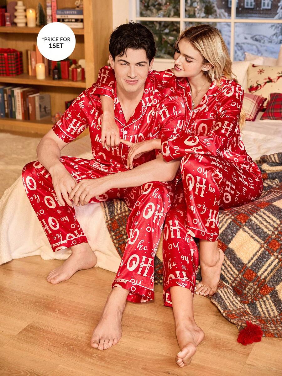 Couple Matching Red Satin "Ho Ho Ho" Christmas Pajama Set