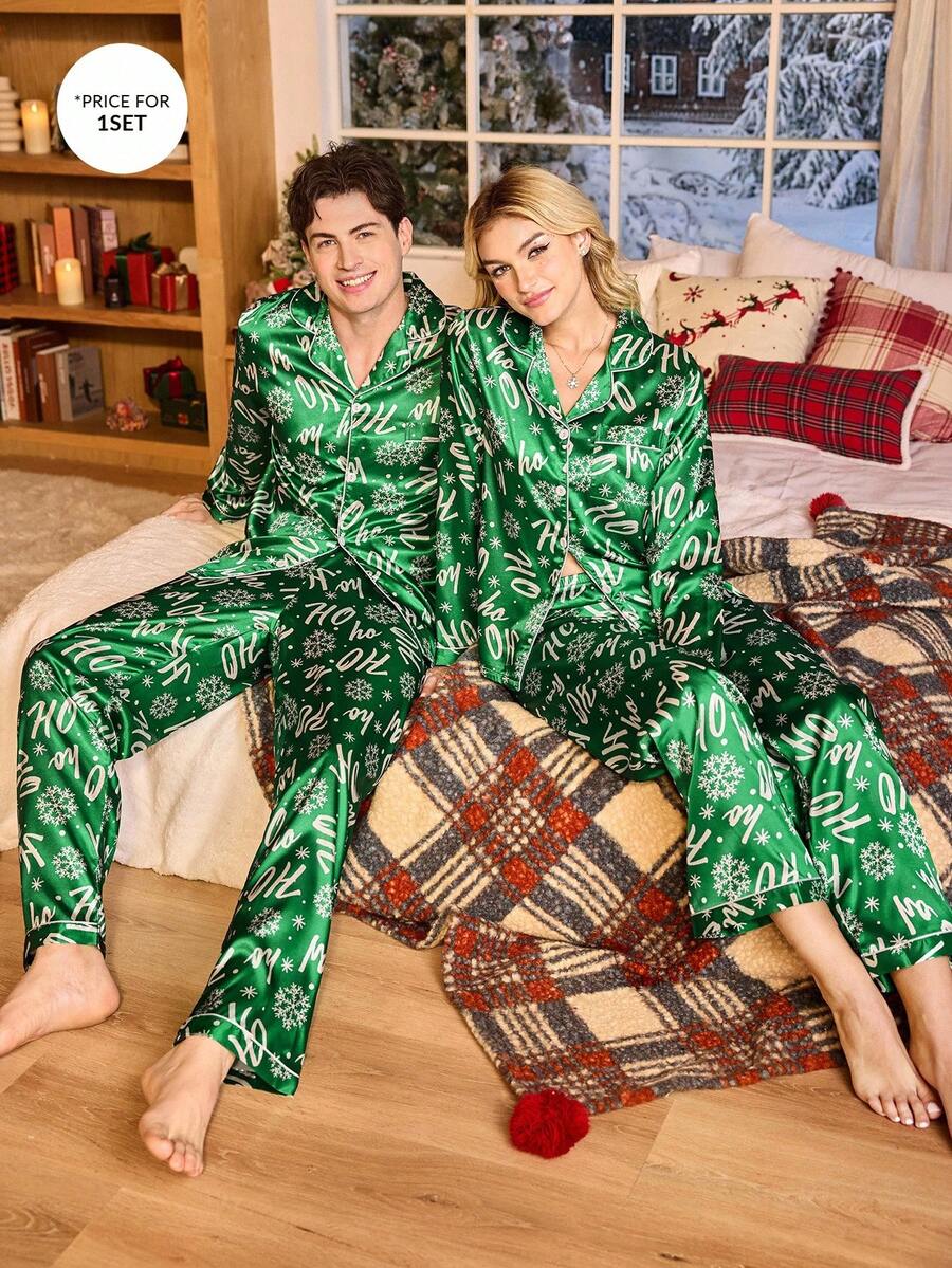 Couple Matching Green Satin "Ho Ho Ho" Christmas Pajama Set